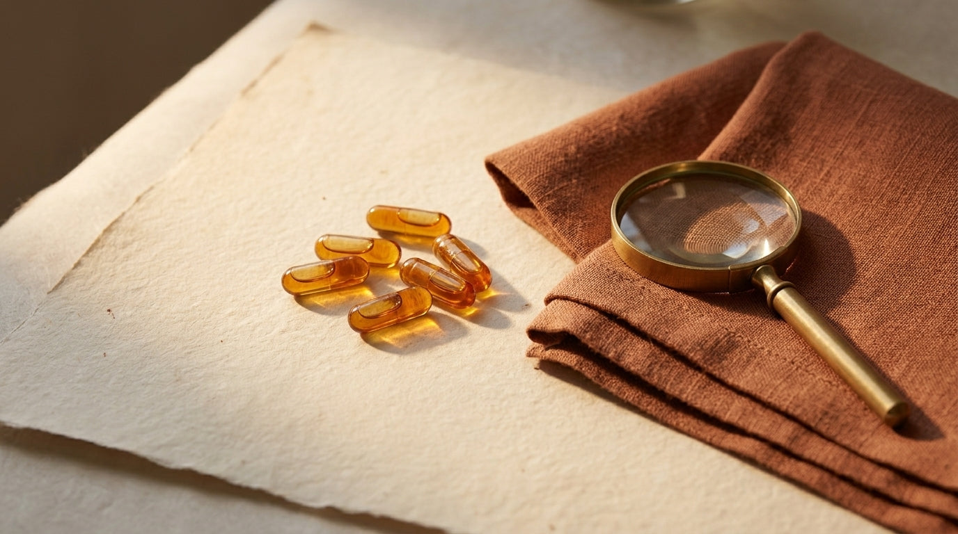 Editorial still life of amber capsules on parchment with a small brass magnifier