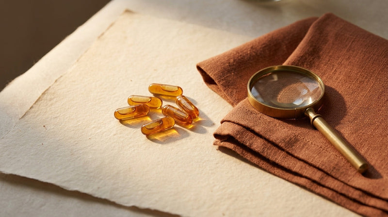 Editorial still life of amber capsules on parchment with a small brass magnifier