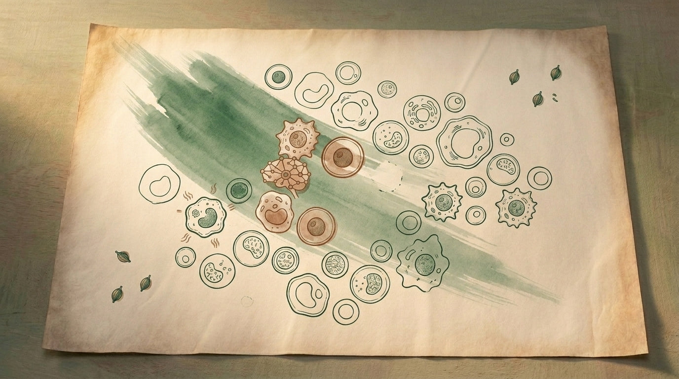 Editorial illustration of a scattered flock of cells with a small red sweep removing a subset
