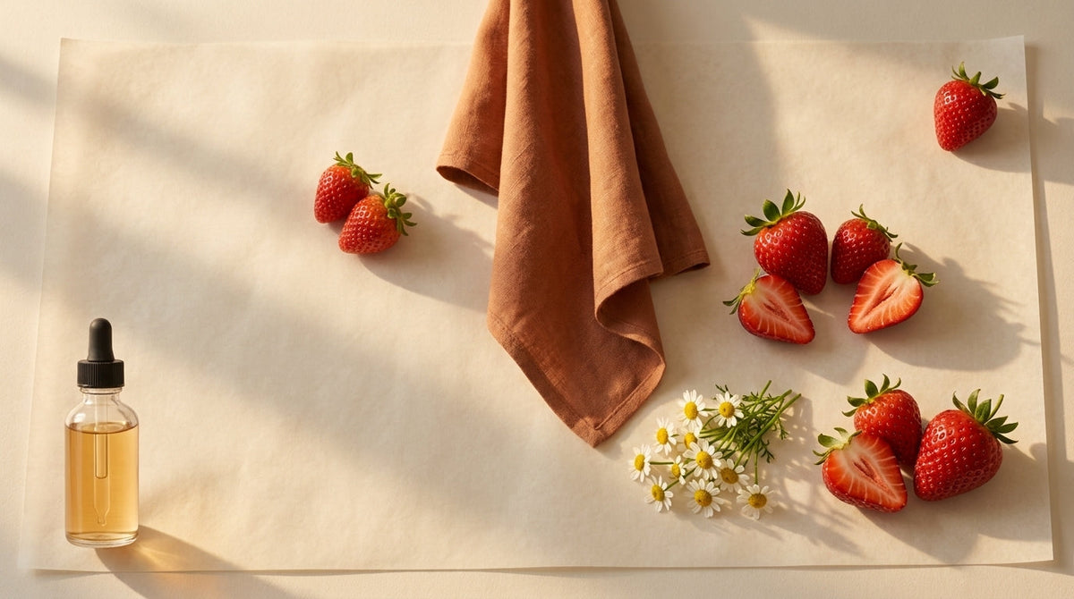 Editorial still life of a small glass dropper bottle beside strawberries on cream parchment