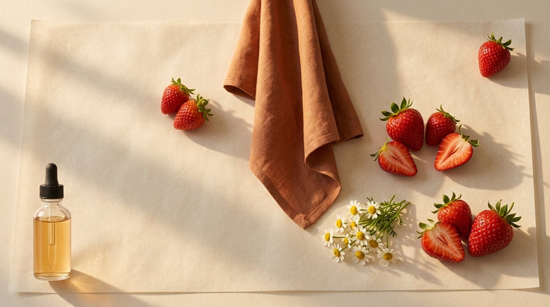 Editorial still life of a small glass dropper bottle beside strawberries on cream parchment