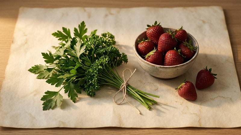 Editorial still life of parsley sprigs and strawberries on parchment