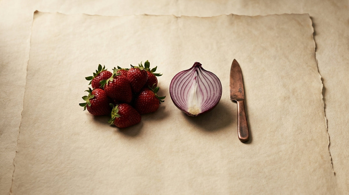 Editorial still life of strawberries and red onions on parchment with a copper knife