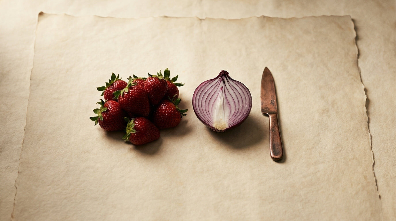 Editorial still life of strawberries and red onions on parchment with a copper knife