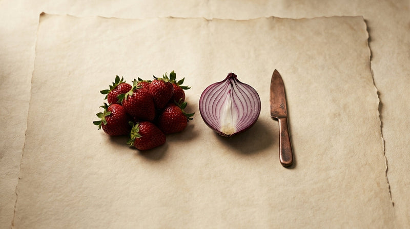 Editorial still life of strawberries and red onions on parchment with a copper knife
