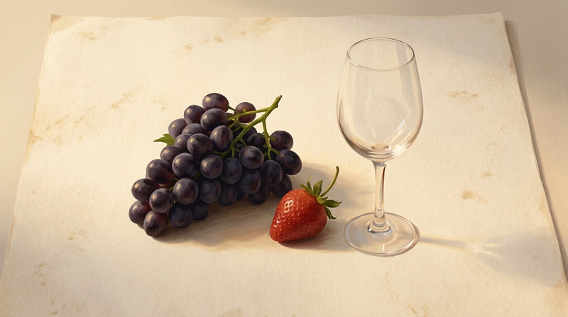 Editorial still life of dark grapes and a strawberry beside a wine glass on parchment