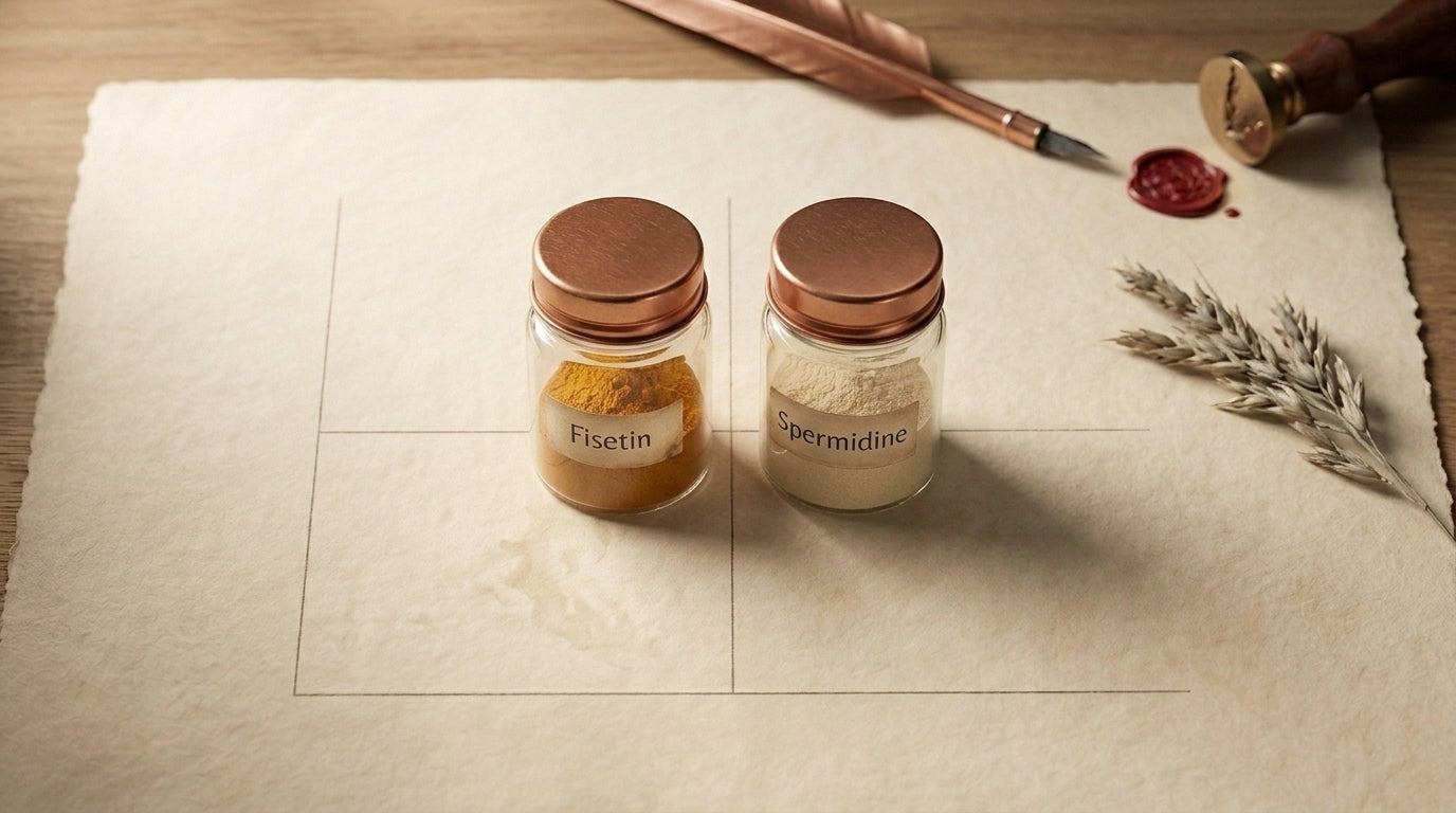 Editorial still life of two apothecary jars with amber and pale contents on parchment