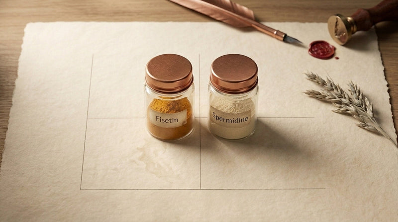 Editorial still life of two apothecary jars with amber and pale contents on parchment