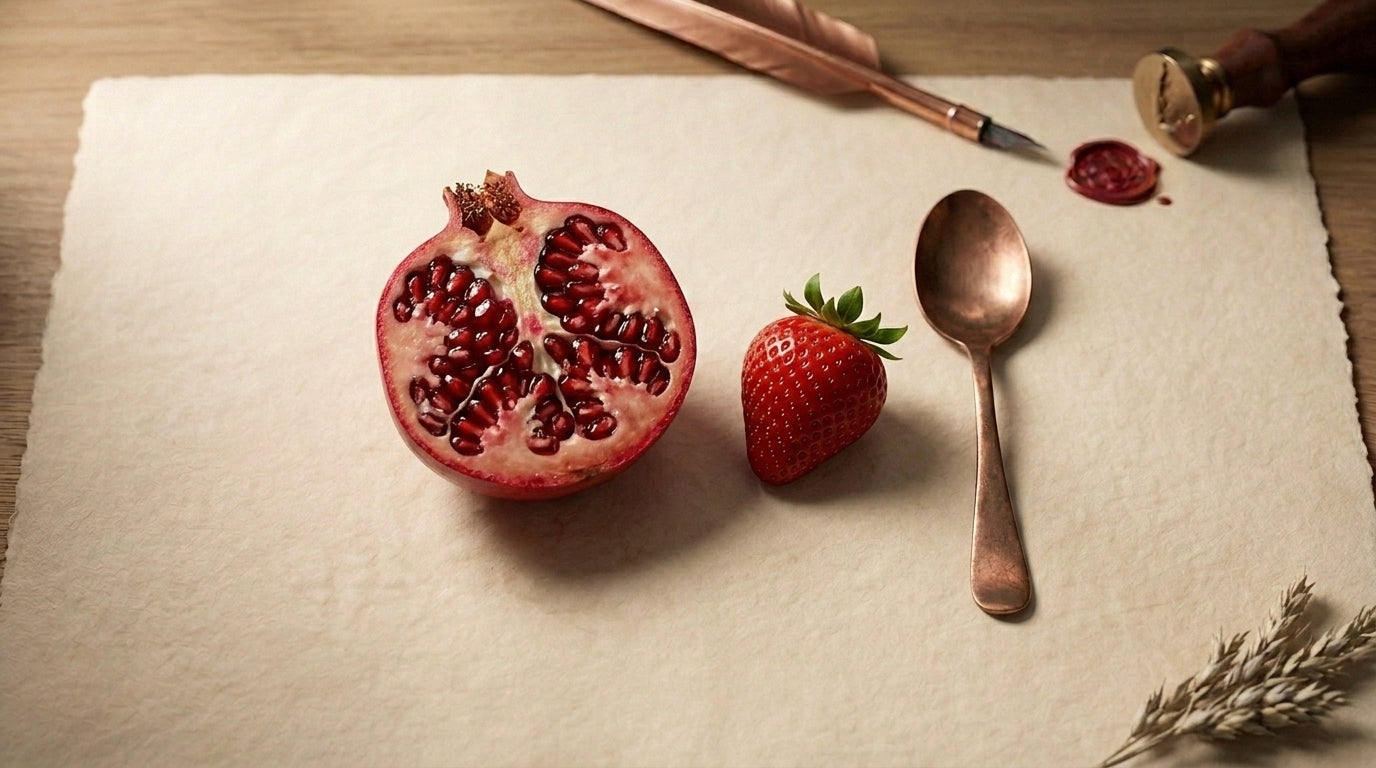 Editorial still life of a halved pomegranate beside a strawberry on parchment