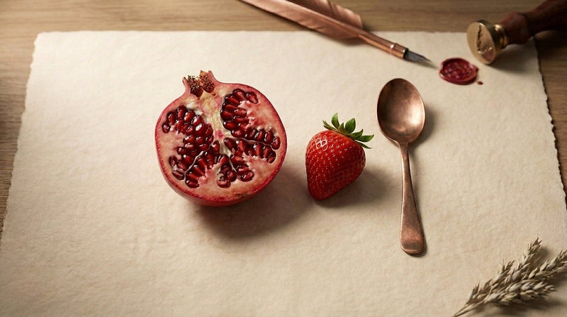 Editorial still life of a halved pomegranate beside a strawberry on parchment