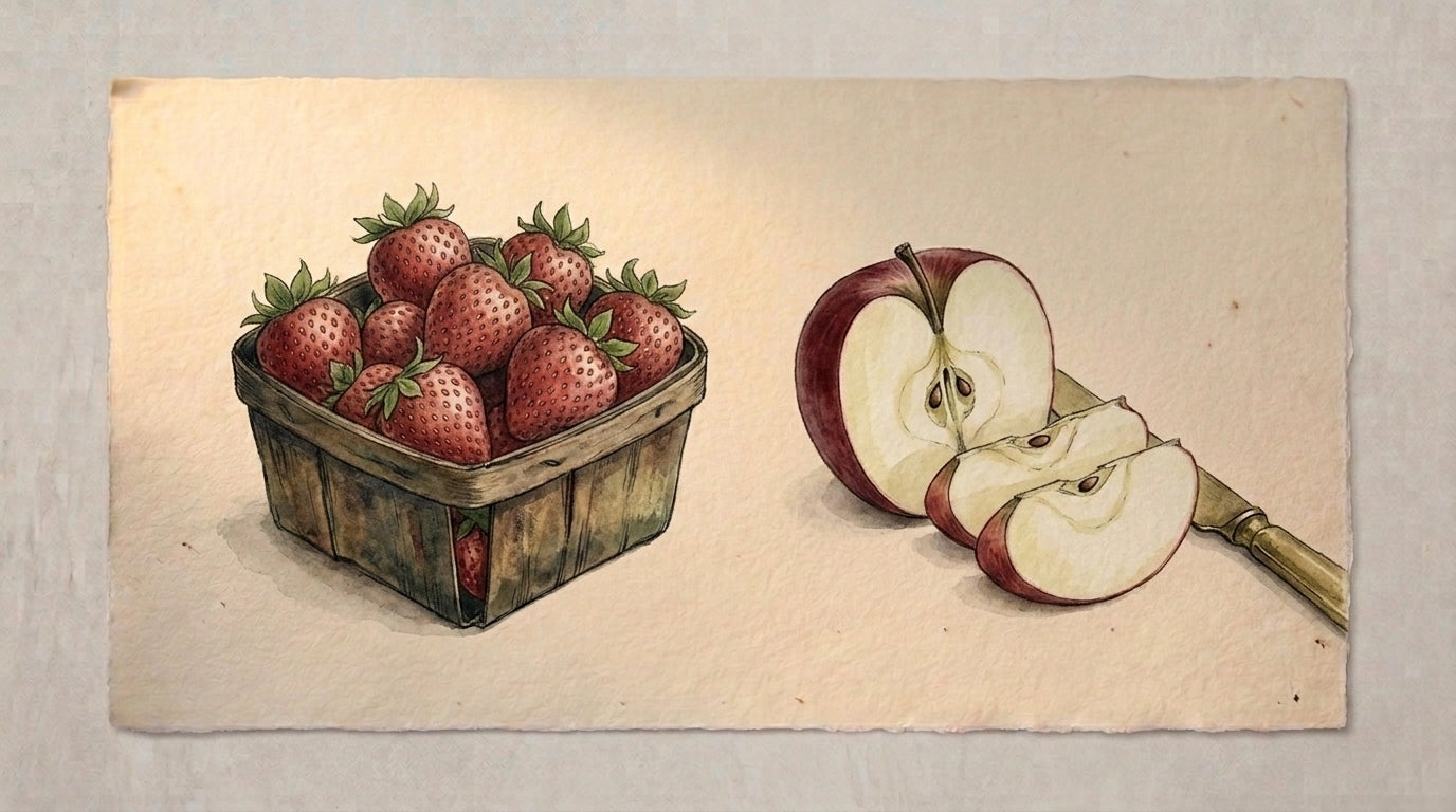 Editorial still life of a wooden punnet of ripe strawberries beside a slice of apple and a small copper spoon