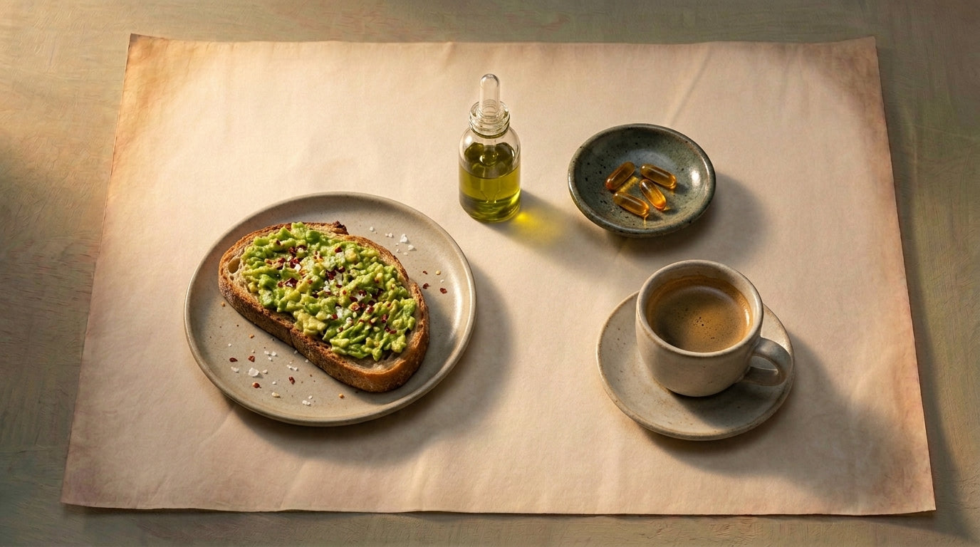 Editorial still life of a breakfast tray with avocado toast, olive oil, and a small dish of amber capsules