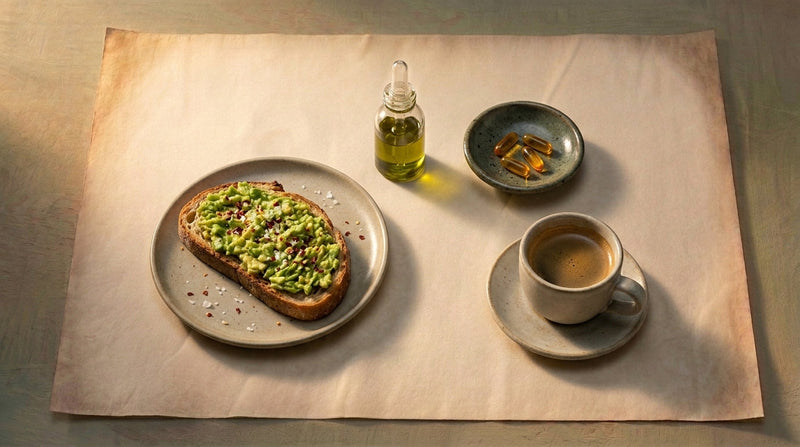 Editorial still life of a breakfast tray with avocado toast, olive oil, and a small dish of amber capsules