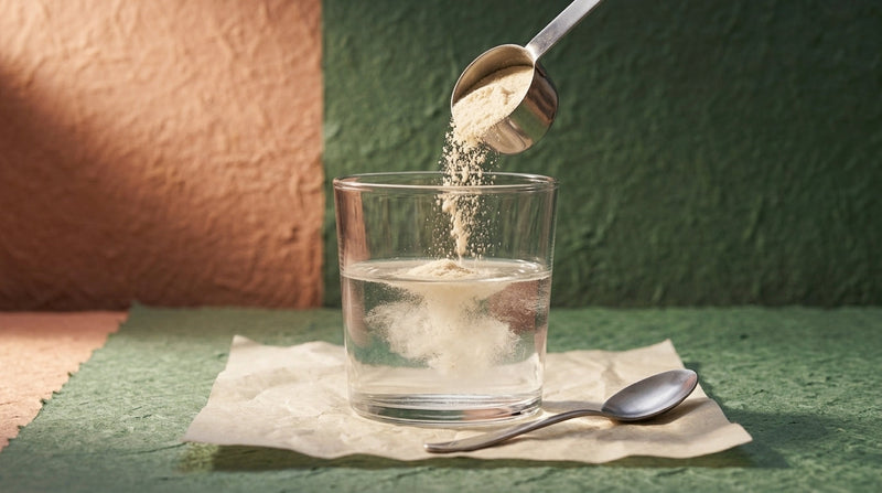 Editorial still life of hydrolysed collagen powder being mixed into a glass of water with a stainless steel spoon