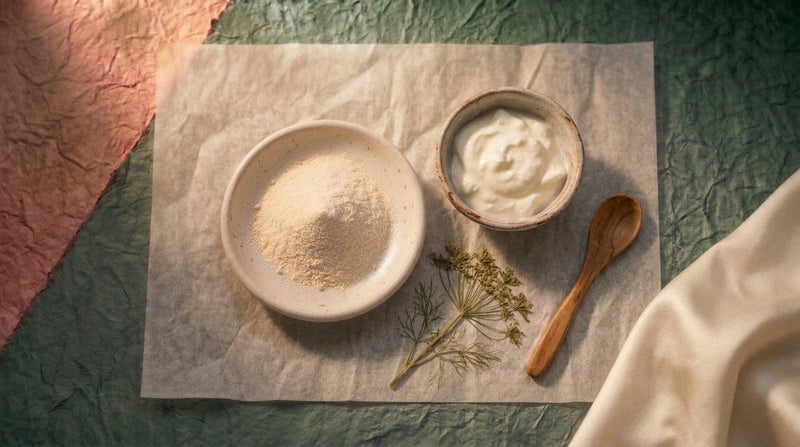 Editorial still life representing considered gut health nutrition with collagen powder