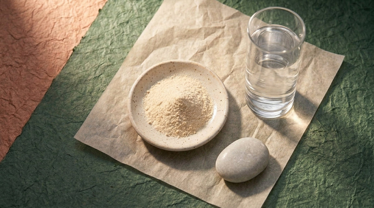 Editorial still life of hydrolysed collagen powder with a glass of water and a caution symbol