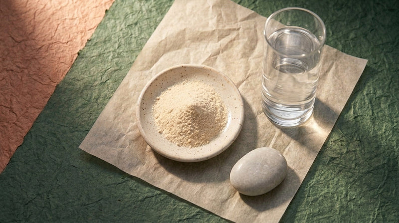 Editorial still life of hydrolysed collagen powder with a glass of water and a caution symbol
