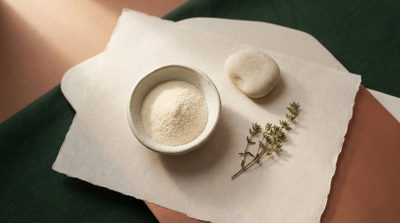  Editorial still life of hydrolysed collagen powder with bone-health themed accessories