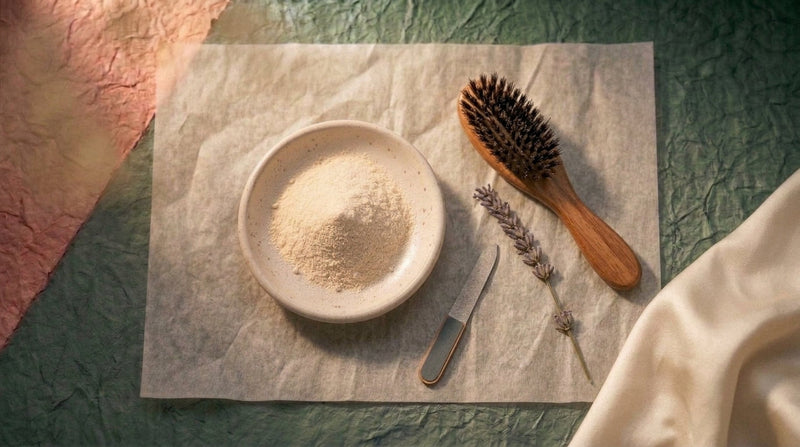 Editorial still life representing hair and nail care with hydrolysed collagen powder