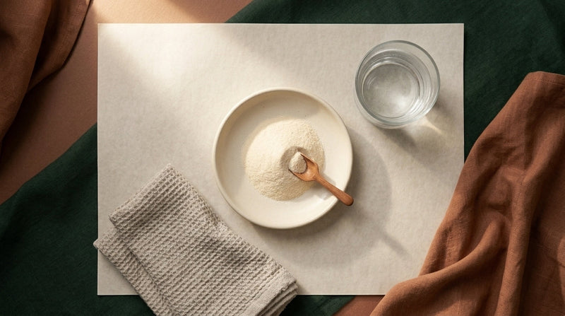 Editorial still life of hydrolysed collagen powder with athletic recovery imagery — powder, water, and simple gear