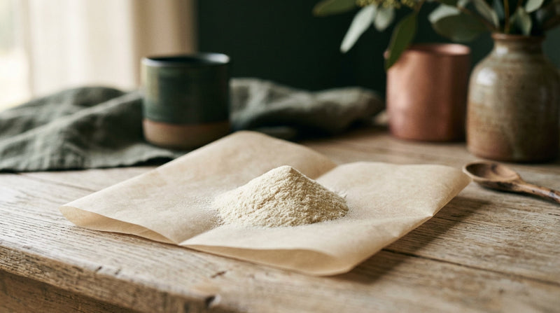 Cream-coloured hydrolysed collagen peptides powder in a scoop on parchment paper, editorial still life