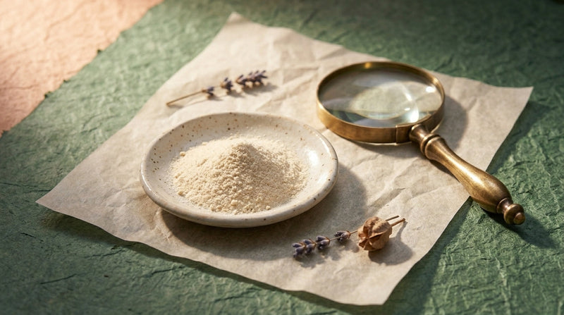 Editorial still life representing careful evaluation of side effects — collagen powder with a magnifying glass on parchment