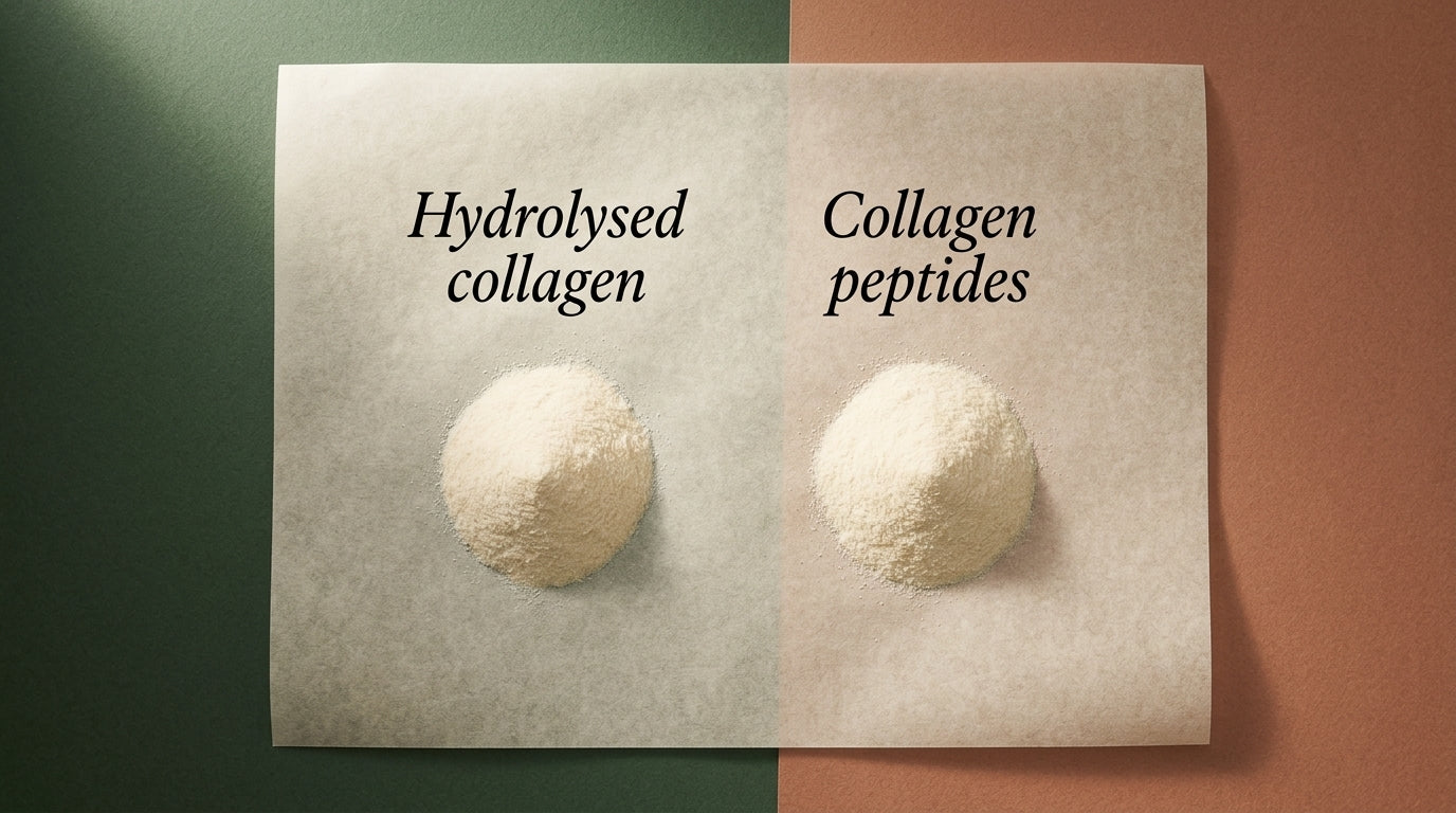Two identical scoops of hydrolysed collagen peptide powder labelled with the two different terms