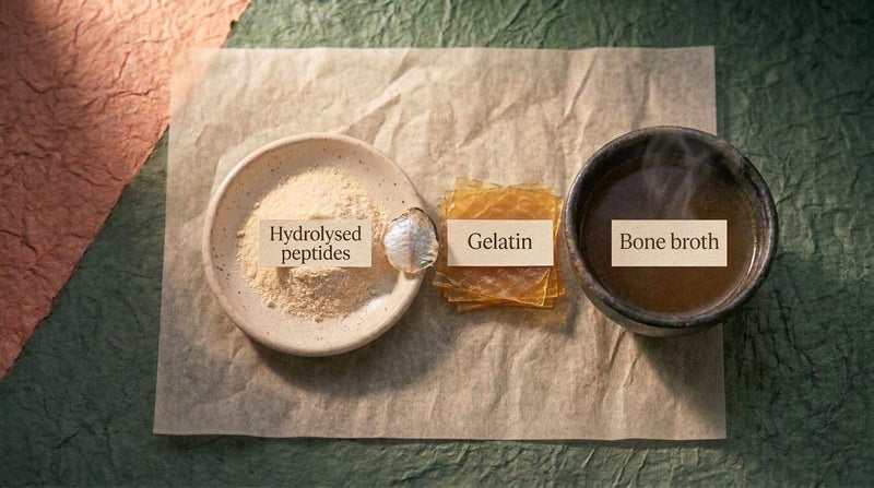 Editorial still life showing three forms of collagen — powder, gelatin sheets, and bone broth — side by side