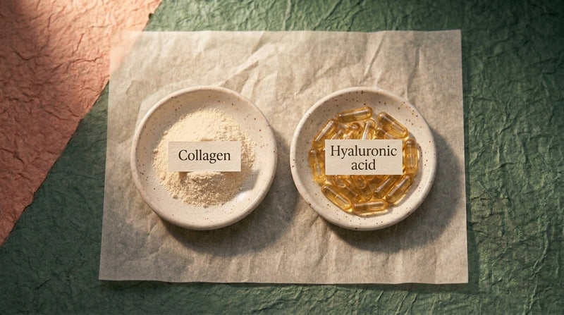 Editorial still life comparing hydrolysed collagen powder and hyaluronic acid capsules