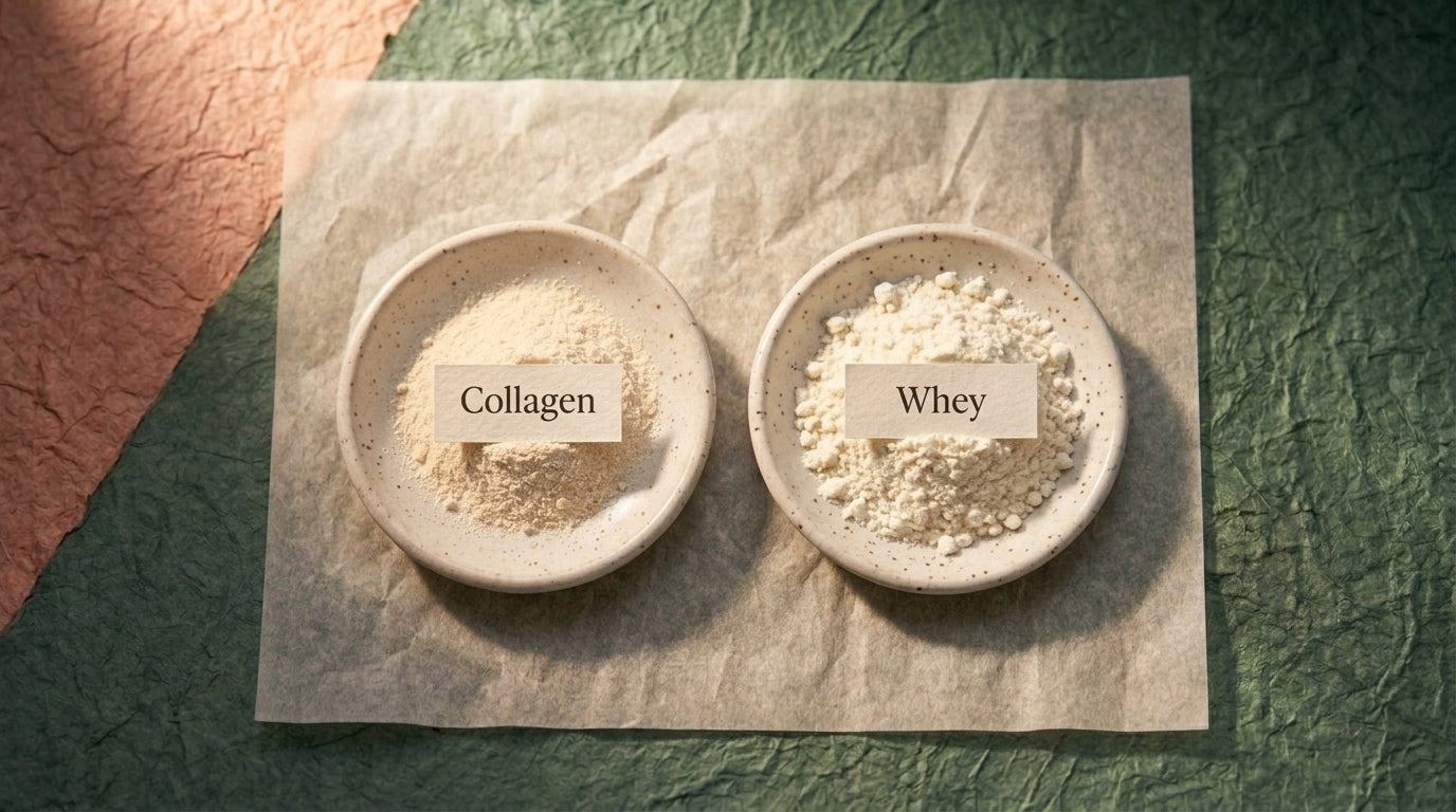 Editorial still life comparing hydrolysed collagen and whey protein powders in two dishes