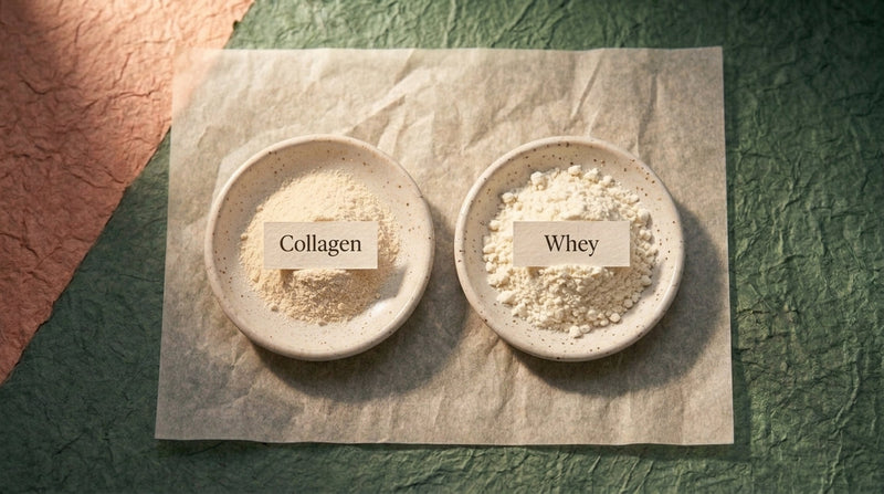 Editorial still life comparing hydrolysed collagen and whey protein powders in two dishes