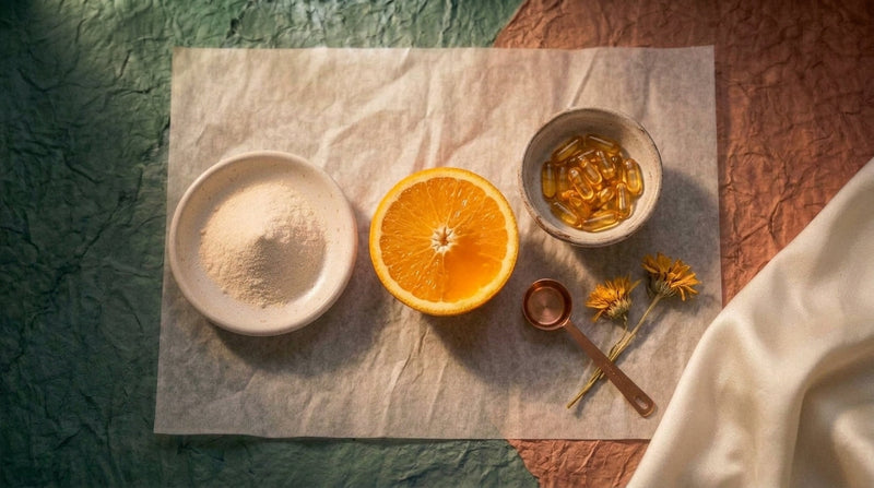 Editorial still life of hydrolysed collagen powder alongside vitamin C and hyaluronic acid supplements