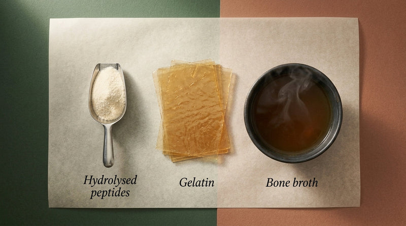 Three forms of collagen — hydrolysed peptide powder, gelatin sheets, and bone broth — arranged as an editorial still life