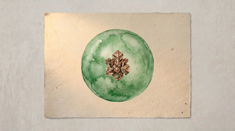 Editorial illustration of a translucent liposomal sphere holding a small copper flavonoid in cream watercolour