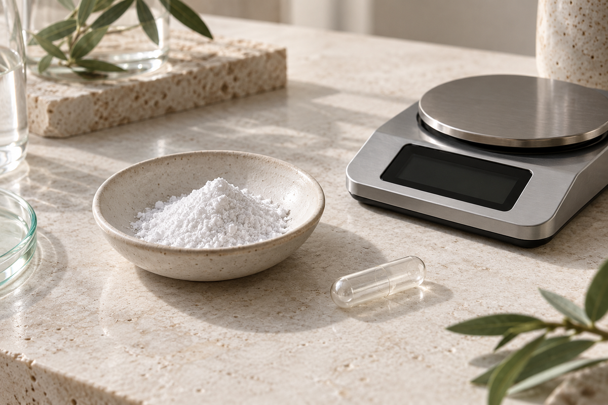Powder dish and empty capsule beside an unlit precision scale.
