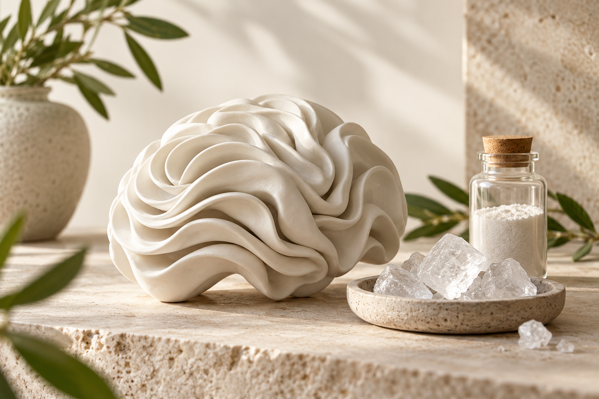 Abstract folded ceramic sculpture beside mineral crystals and a vial.