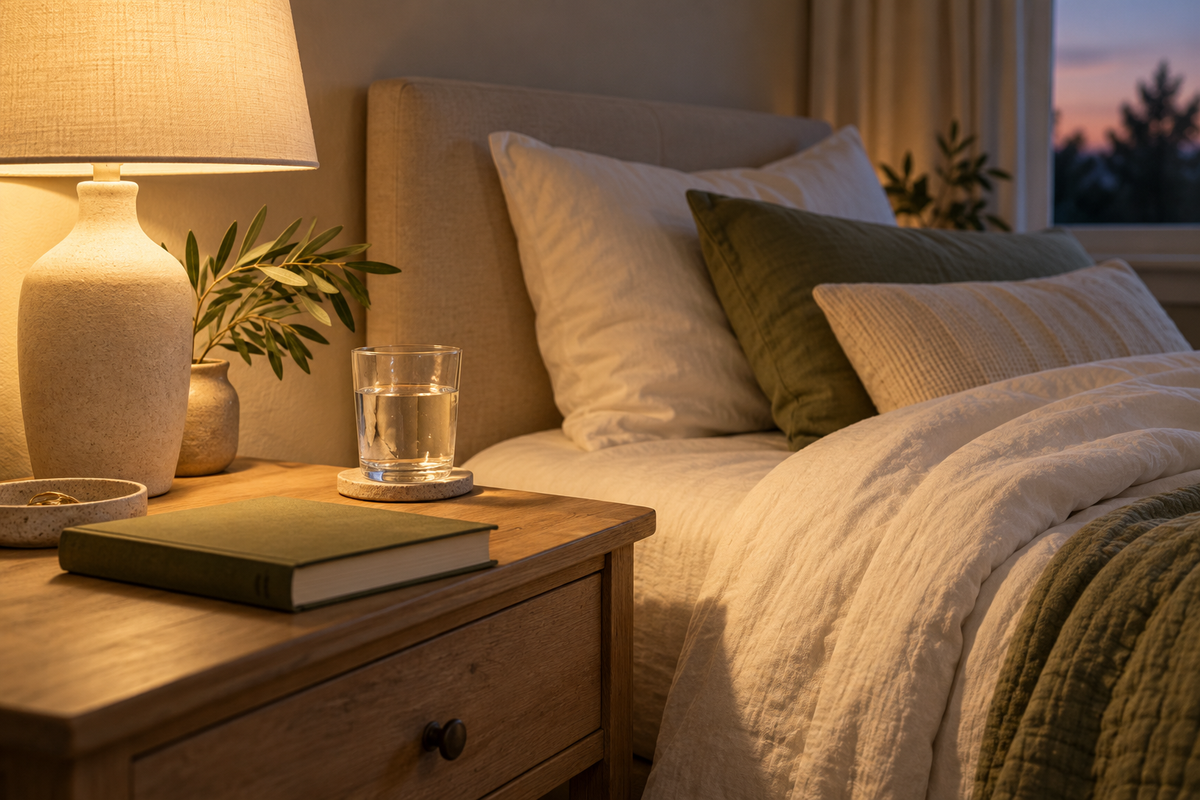 Warm bedside lamp, book and water beside cream bedding.