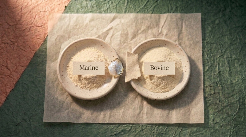 Editorial still life comparing marine and bovine collagen with representative source elements