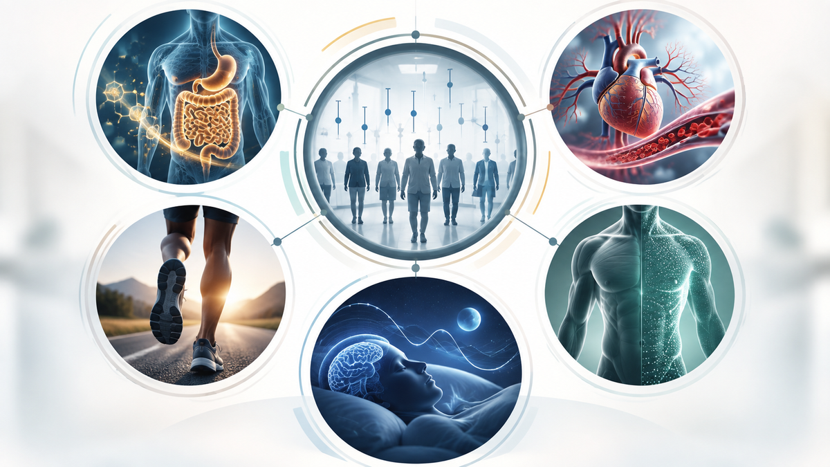 Evidence map of human NMN research across metabolic, vascular, physical performance, sleep and body-composition outcomes.