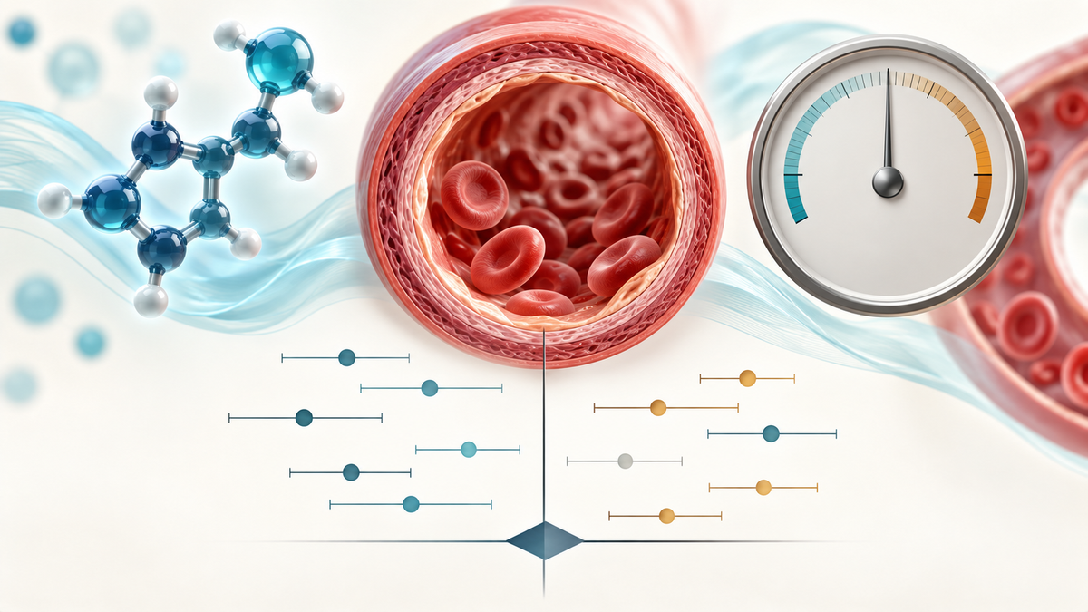 Evidence-focused illustration of blood pressure studies showing mixed estimates around a neutral result.