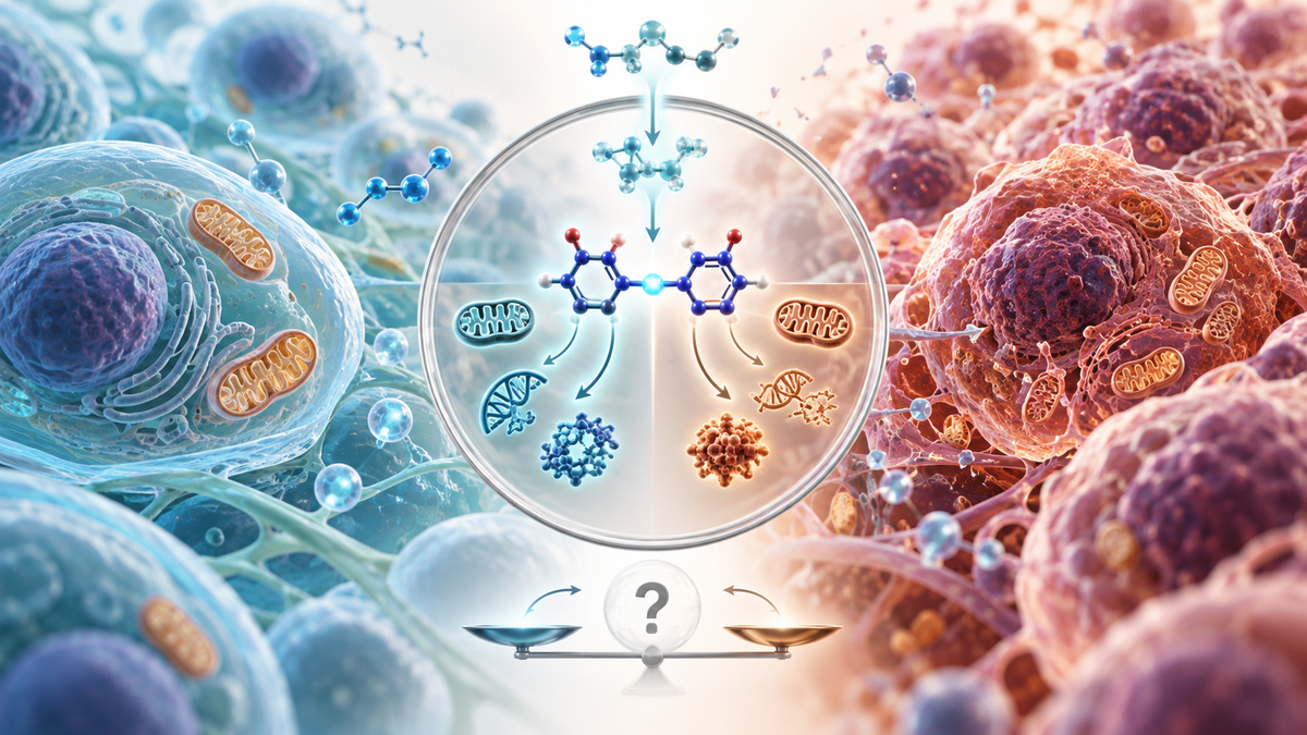 Scientific illustration showing the uncertain, context-dependent relationship between NAD metabolism, normal cells and cancer biology.