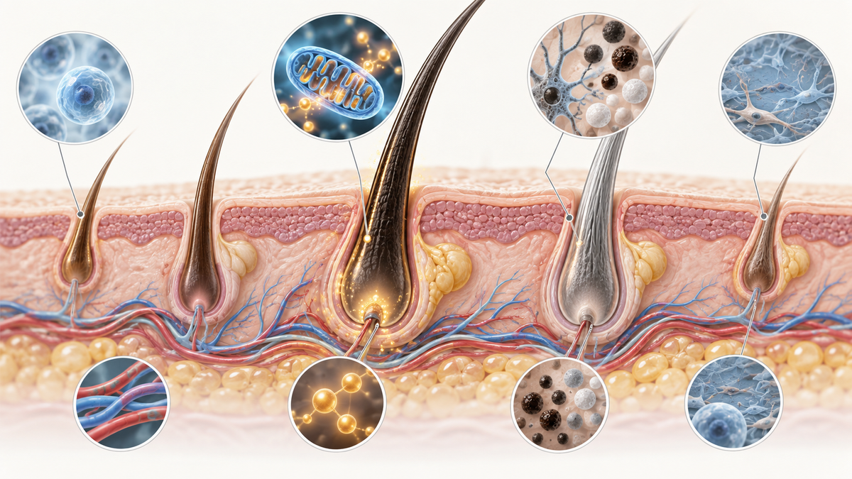Scientific illustration of hair follicles and the limited human evidence concerning NMN, hair growth and gray hair.