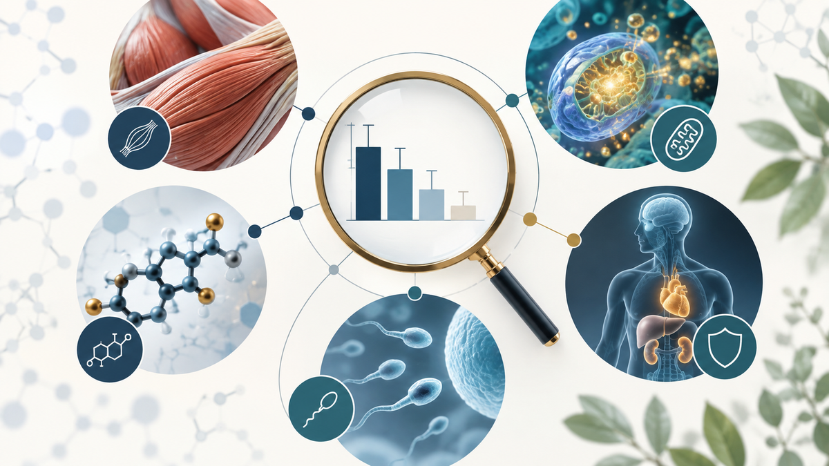 Evidence map of NMN research relevant to men's muscle, metabolism, fertility and safety outcomes.