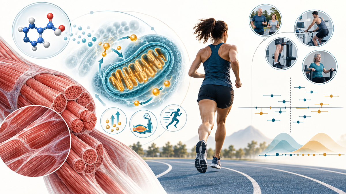 Human-evidence illustration of skeletal muscle, exercise performance and mixed NMN study results.