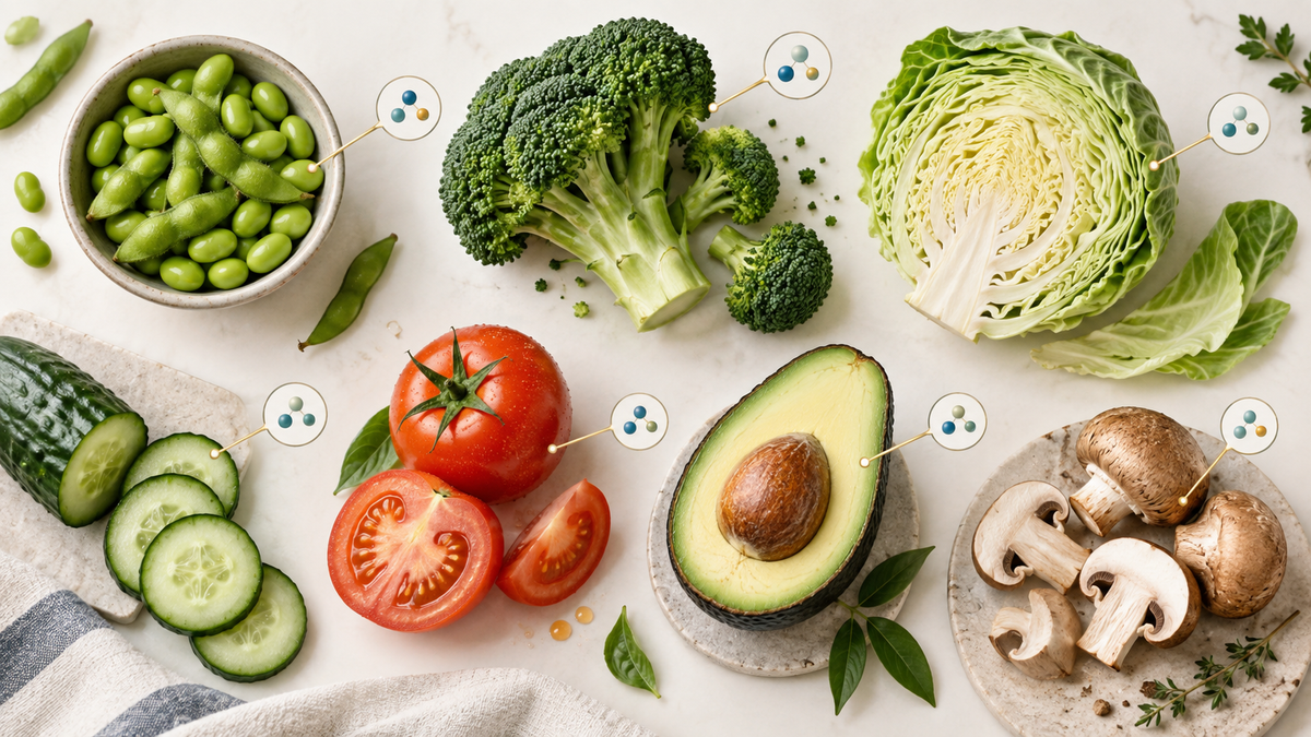 Natural food sources associated with small amounts of NMN, including edamame, broccoli, cabbage, cucumber, tomato, avocado and mushrooms.