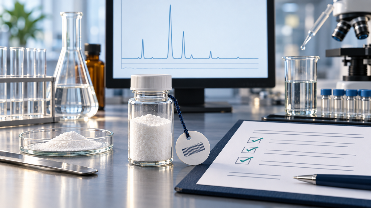 Laboratory quality-control scene illustrating lot-specific NMN identity, purity and documentation checks.