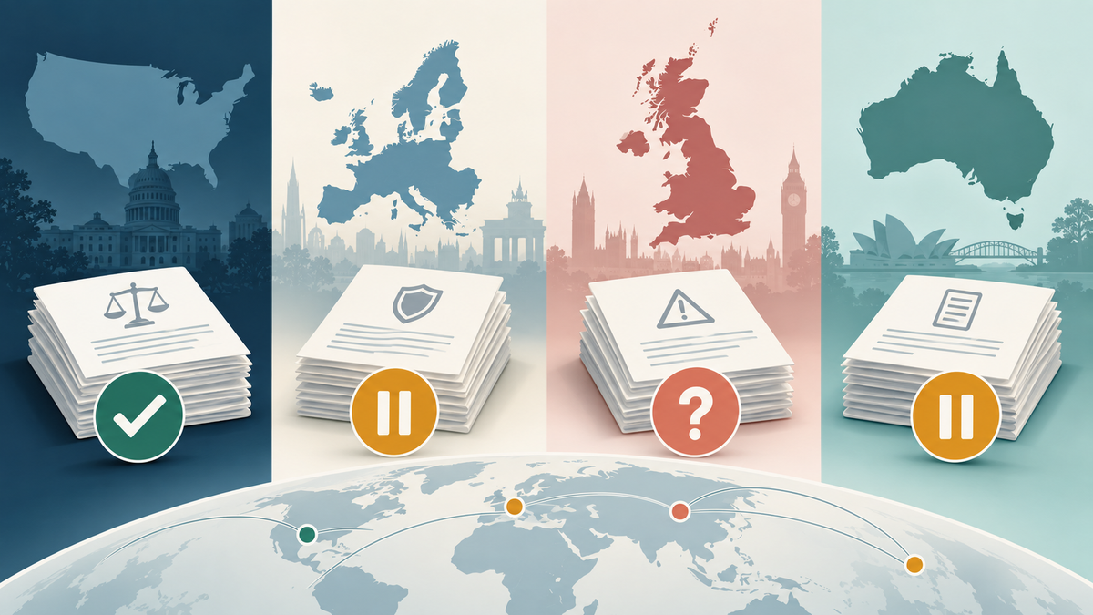 Editorial map illustrating that NMN regulatory status differs across the United States, Europe, United Kingdom and Australia.