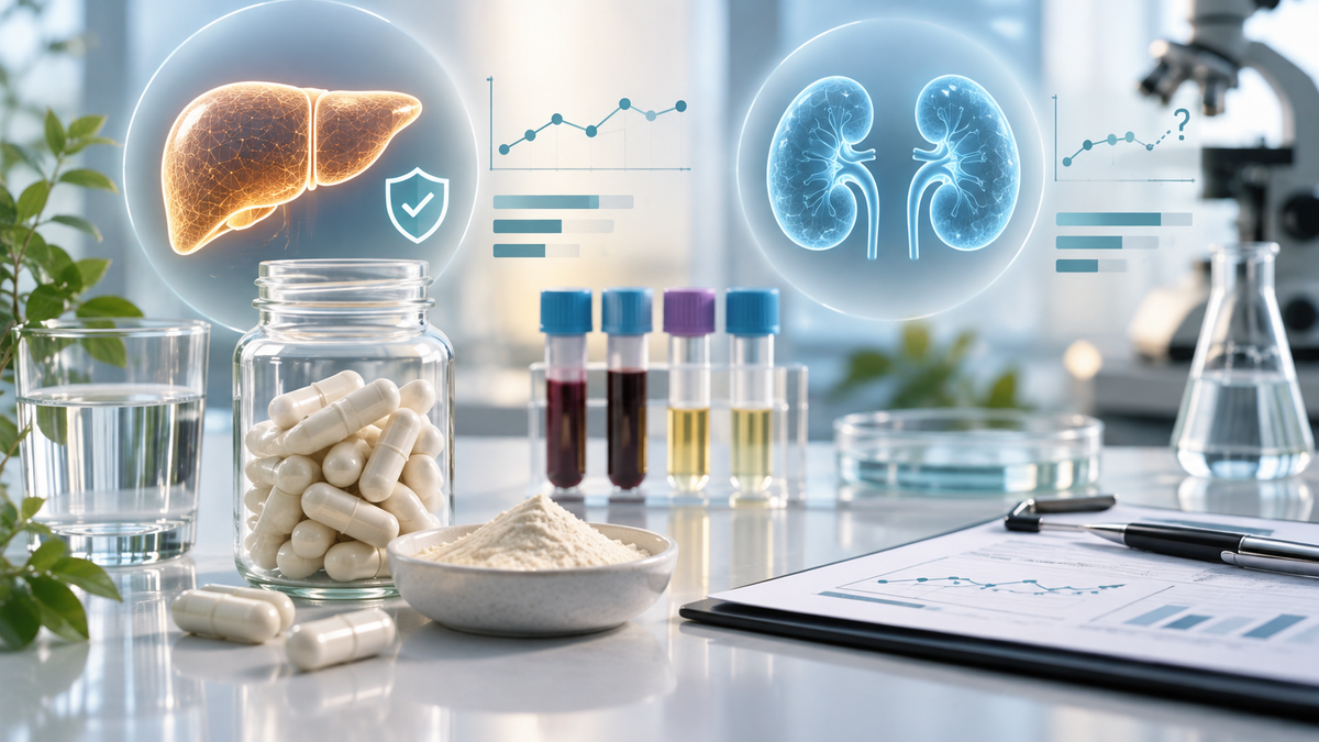 Clinical safety-monitoring illustration for NMN, including liver and kidney markers and laboratory testing.