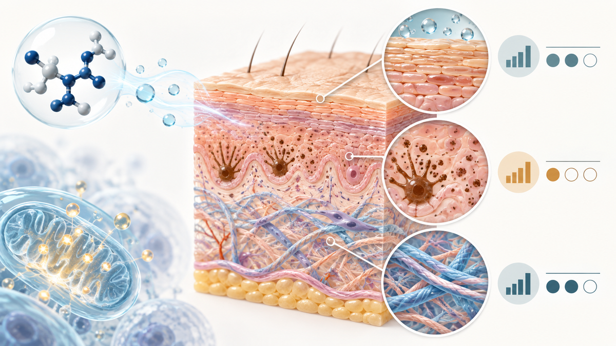 Skin-layer illustration representing research on NMN, pigmentation, wrinkles and skin aging without implying proven rejuvenation.