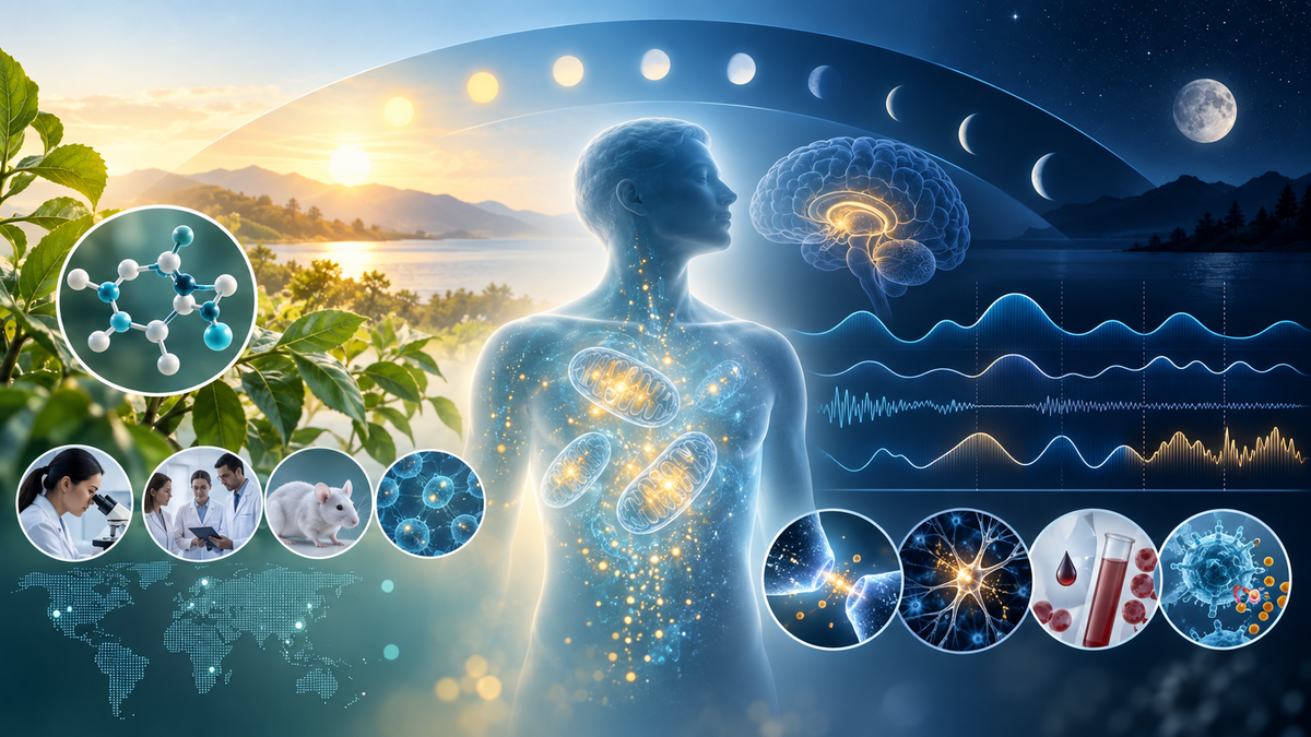 Editorial illustration of circadian timing, sleep measurements, fatigue and cellular-energy research related to NMN.